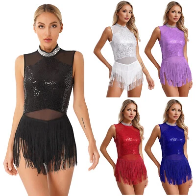 IIXPIN Women's Sequins Fringed Leotard Tassels Latin Dance Dress Samba Ballroom UK