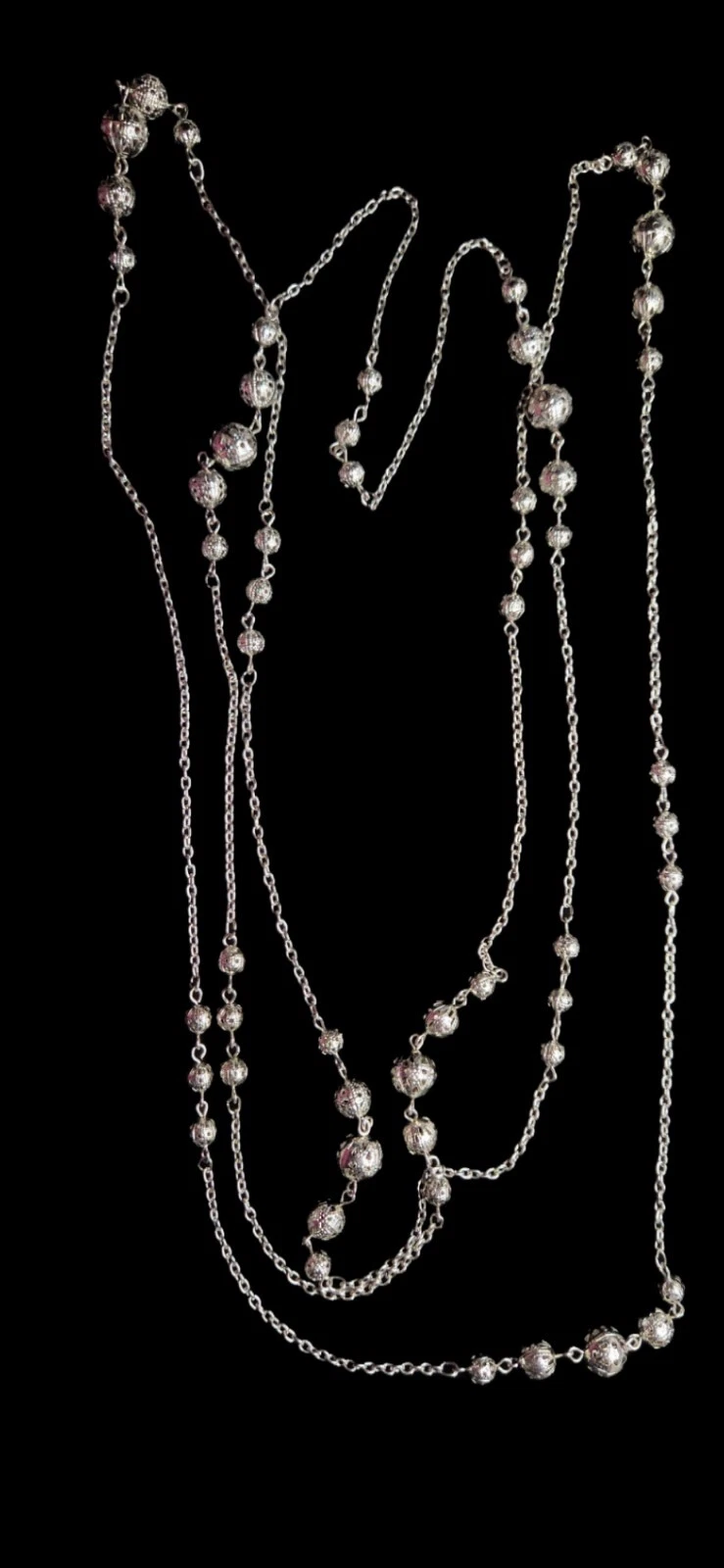 VETEMENTS Long Filigree Silver Tone Ball Beads On Silver Tone Chain Necklace 76 Inches