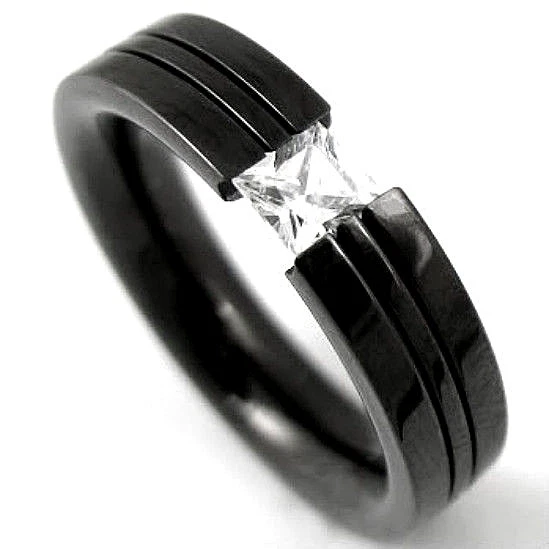 Black Plated TITANIUM TENSION RING with 4mm CZ and Grooved Accent