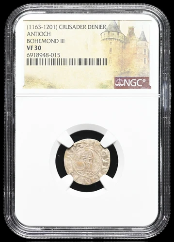 CRUSADERS, Antioch. Bohemond III, 1163-1188 AD. Silver Denier, NGC VF30