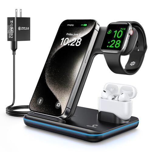 Wireless Charger 3 in 1, 15W Fast Charging Station for Apple Watch Black