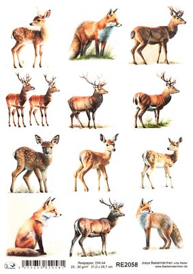 Reispapier A4 Strohseide Decoupage Waldtiere Rehe Wolf Wölfe Hirsch Kitz RE2058
