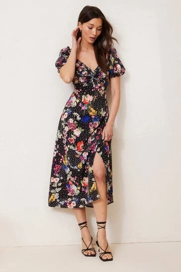 LIPSY Ladies Women Floral Polka Dot Sz 14 Puff Sleeve Midi Dress BNWT
