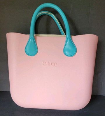 O bag Tote Bag Light Pink Silicone w Teal Straps Zip Liner Insert Womens Handbag