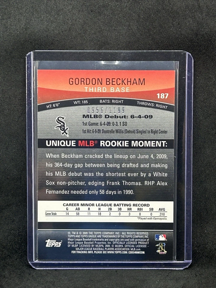 2009 Topps Unique Red Gordon Beckham Rookie /1199 Chicago White Sox #187 A6 - Image 2 of 2