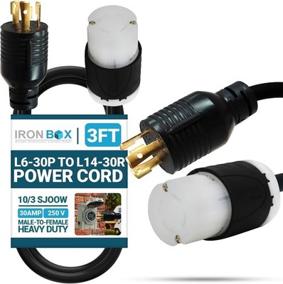 IronBox Electric L6-30P to L14-30R Power Cord - 30A, 250V, 10/3 SJOOW 3FT