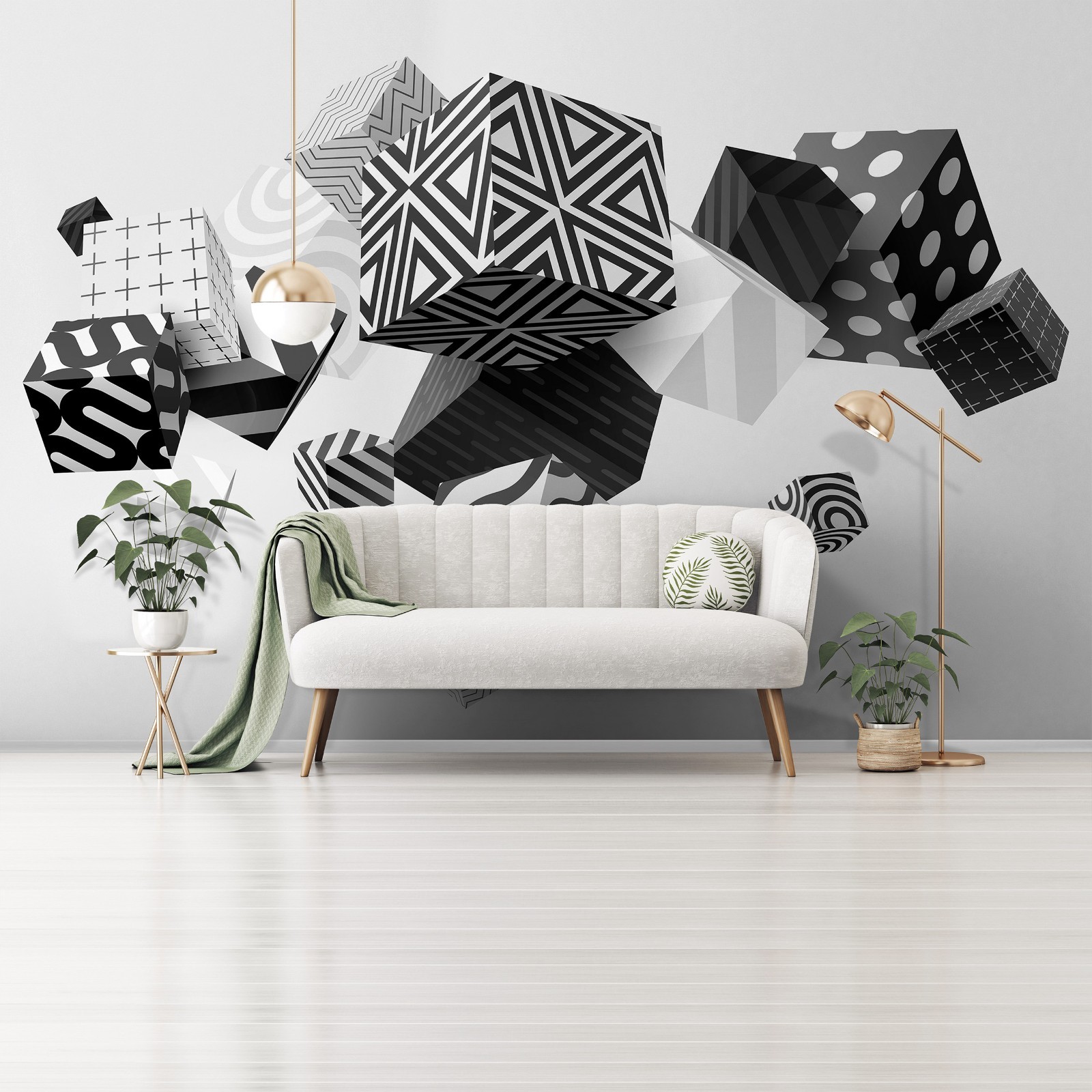 White and black cubes wallpaper mural medium size bedroom wall decor 312x219cm