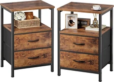 Night Stand Set of 2, Nightstand with 2 Drawers, Bed Side Table with Open Shelf,