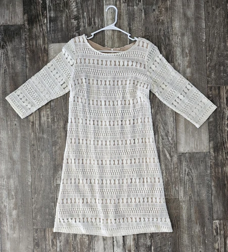 OFF WHITE Splendido abito a tubino Sharagano in pizzo all'uncinetto taglia 12