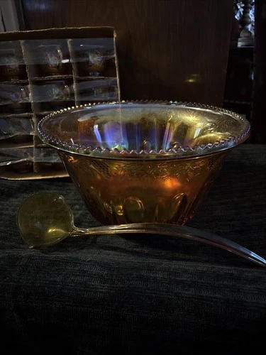 Carnival Glass Punch Bowl Set & 12 Cups Iridescent Amber Grapes Leaves Vintage