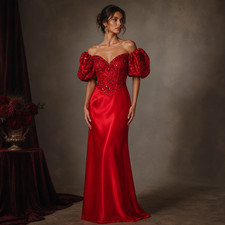Vintage Mike Benet Formals Red Evening Gown 8 Sequined Puff Sleeves Satin Skirt