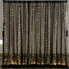10×10Ft Black Tulle Backdrop Curtain with Lights String for Parites, Sheer Photo