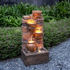 Garden Water Feature Outdoor LED Fountain Stacked Stone Cascading Brown Teamson
