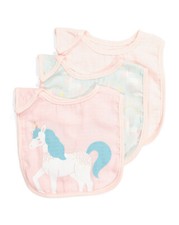 Modern Baby, 3pk Baby Girls Muslin Fabric Bibs, Unicorn Patterns