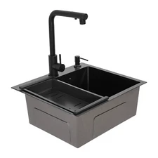 Stainless Steel Sink Kitchen Single Bowl Sink w/ Drain Basket & Pull-out Faucet