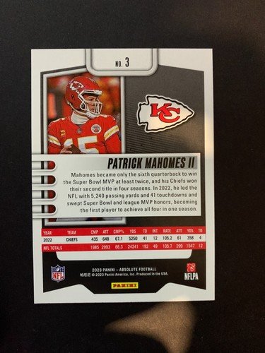 2023 Panini Absolute Blue Foil - #3 Patrick Mahomes II Kansas City Chiefs - Picture 2 of 2
