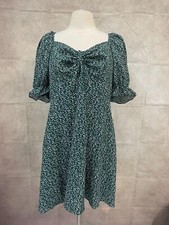 SheIn Curve Fit & Flare Dress Women Green Floral Puff Sleeve Drawstring Size 1XL