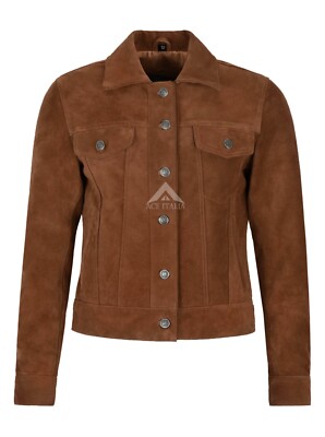 Women's TRUCKER Real Leather Jacket Tan Suede Casual Fashion Shirt