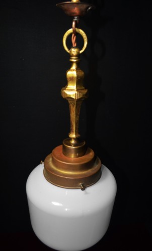 art deco industrial Opaline glass bronze & brass schoolhouse pendant light C1920 - Picture 12 of 19