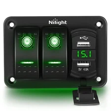 Nilight 2 Gang Rocker Switch Panel Green Backlit with USB Charger Voltmeter