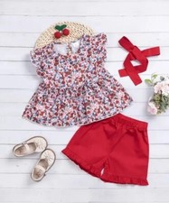 NWT Girls Toddler Ruffle Short Set with Matching Red Bow 18-24 Months