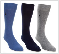 NWT Polo Ralph Lauren 3 PAIRS Custom Fit Crew Pony Sock, Gray Blue