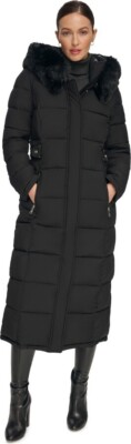 Dkny V5916 Black Faux-Fur-Trim Hooded Maxi Puffer Coat Womens Size M