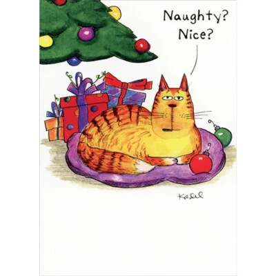 RSVP Naughty or Nice Cat on Purple Pillow Funny / Humorous Christmas Card from Cat