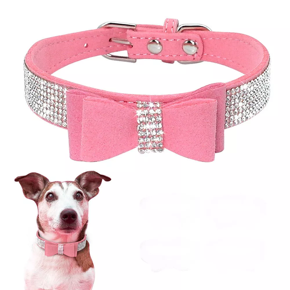 Pink Rhinestone Diamante Small Dog Collar Suede Bowknot for Puppy Cat Girl Pet