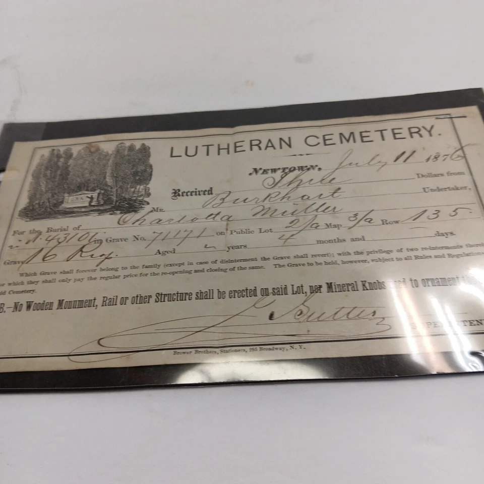 Cementerio Luterano: Newtown, Pensilvania 11 de julio de 1876 Burkhart Undertaker número de parcela    Foto 3 de 4