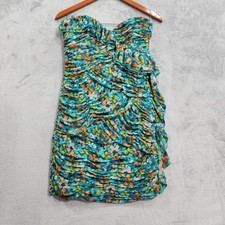 Maxandcleo Dress Womens 6 Blue Multicolor Strapless Ruched Ruffle Bodycon Party