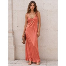 Vintage 90s Valerie Stevens 100 Silk Satin Coral Maxi Slip Dress S