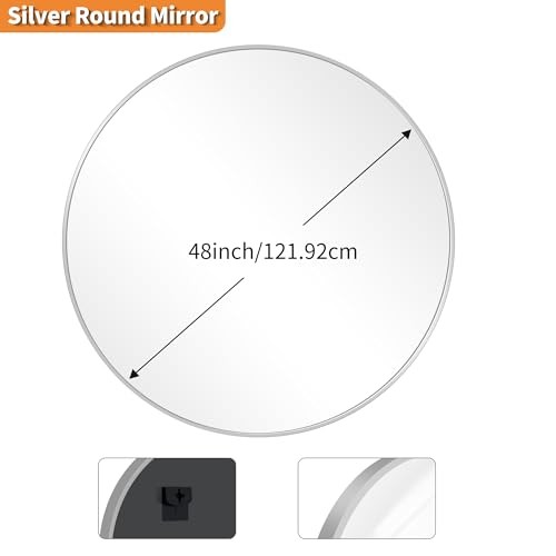 48" Large Round Mirror, Oversized Wall Mounted Bathroom 48"L x 48"W Silver - Picture 8 of 8