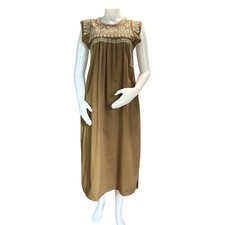 Embroidered Cotton Maxi Dress Pockets Medium Brown Boho Peasant Folk Summer