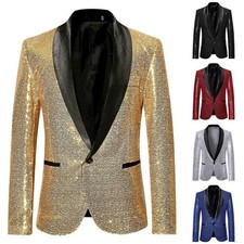 Mens Nightclub Sequin Glitter Blazer Jacket Party Suit Coat Gentleman Wear