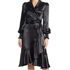Rachel Parcell Black Satin Wrap Dress Ruffle Hem Smocked Cuff XXS Evening Gown