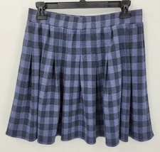 Elodie Skirt Womens Large Blue Black Plaid Pleated Flared Stretch Knit Academia