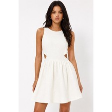 Zara Trafaluc White Jacquard Paisley Mini Dress Side Cut Out Sleeveless Medium