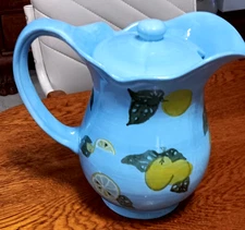 Vintage handpainted Blue Lemonade Pitcher with Lemons and lid 9.5" tall
