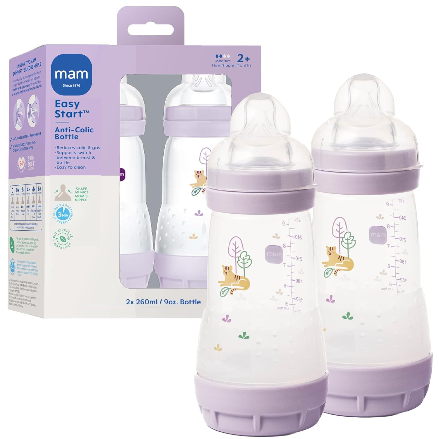 MAM 9Oz Easy Start Anti-Colic Wide Neck Vented Baby Bottle, 
