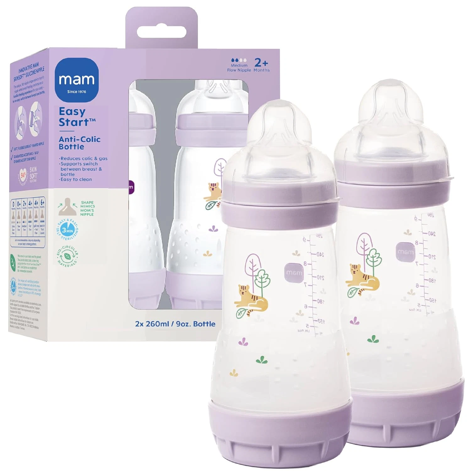 MAM 9Oz Easy Start Anti-Colic Wide Neck Vented Baby Bottle, Medium Flow Breastfe
