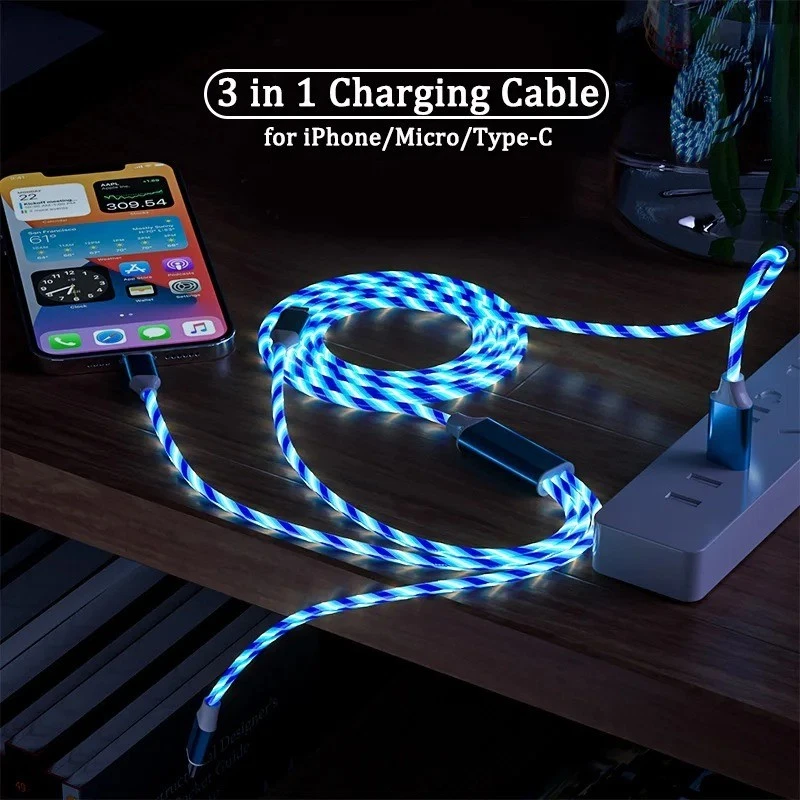 3 in 1 LED Fast Charging Cable Adapter For iPhone Micro USB Type C Charger cord - Image 4 of 4