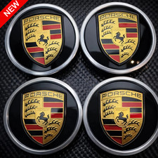 Porsche 76mm Gloss Black Wheel Center Caps Silver Crest Hub Covers Set Of 4
