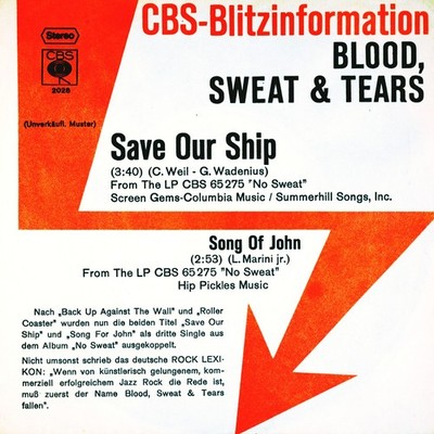7'' BLOOD, SWEAT & TEARS Save Our Ship CBS-Blitzinformation Promo 1973 like NEW!