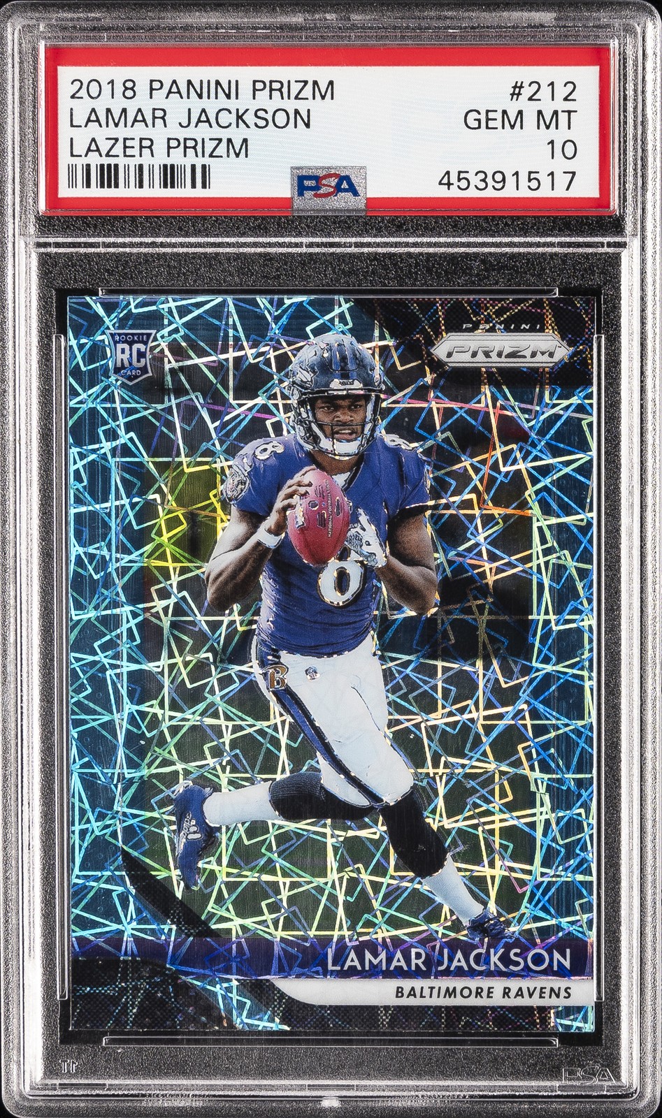 2018 PANINI PRIZM LAZER PRIZM #212 LAMAR JACKSON ROOKIE RC PSA 10