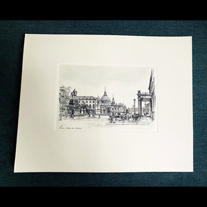 Zeichnung Stadtansicht Architektur mit Kirche & Gebäuden auf Papier, montiert