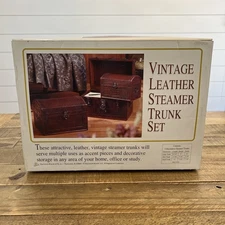 VINTAGE LEATHER STEAMER TRUNK SET OF 3 TRUNKS NESTING WOOD LEATHER - NOS
