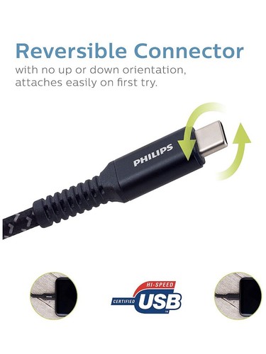 CABLE DE CARGA DURADERA USB-C Philips - 20 veces más duradero/6 pies de largo hasta 60 vatios - Imagen 3 de 8