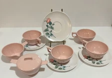 10 Piece VTG Westinghouse Melmac Cream Sugar Teacups Saucers Pink Rose Melamine
