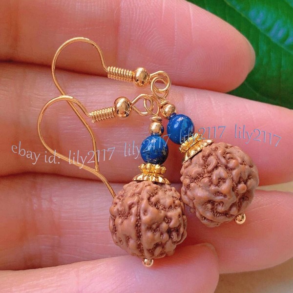 Alternate view of Genuine Natural Brown Rudraksha Bodhi Round Lapis Lazuli Beads Dangle Earrings